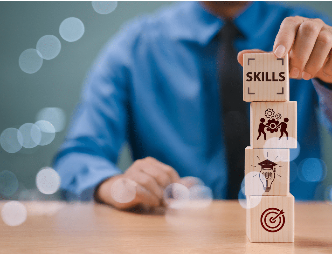 Skill competency development concept. Up new ability skill training for technology evolution. Leadership thinking upskill. Hand hold wooden cube, soft skill digital icon. Education learning talent